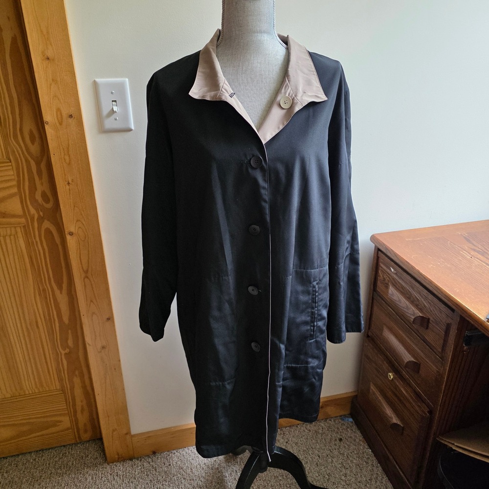 J. Jill Reversible Car Coat Black Tan Button Front Jacket Women Large Minimalist